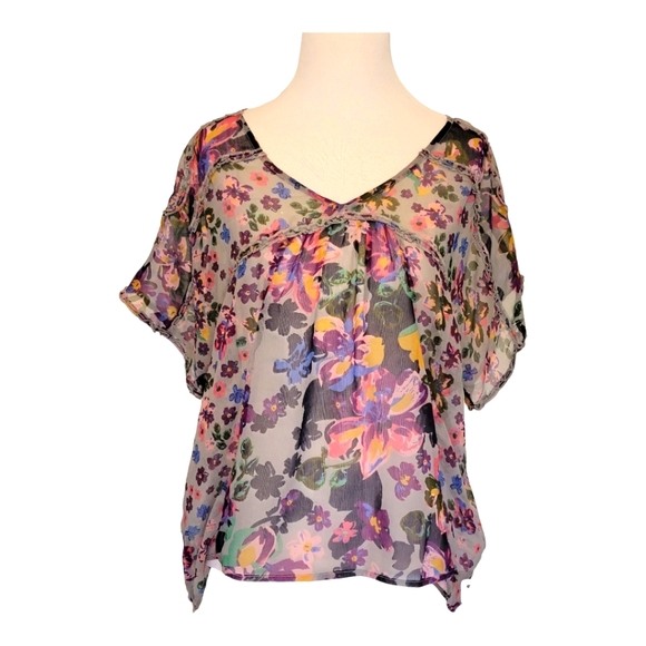 Willow & Clay Women's Sheer Gray/Purple Floral Blouse - L - Picture 1 of 10